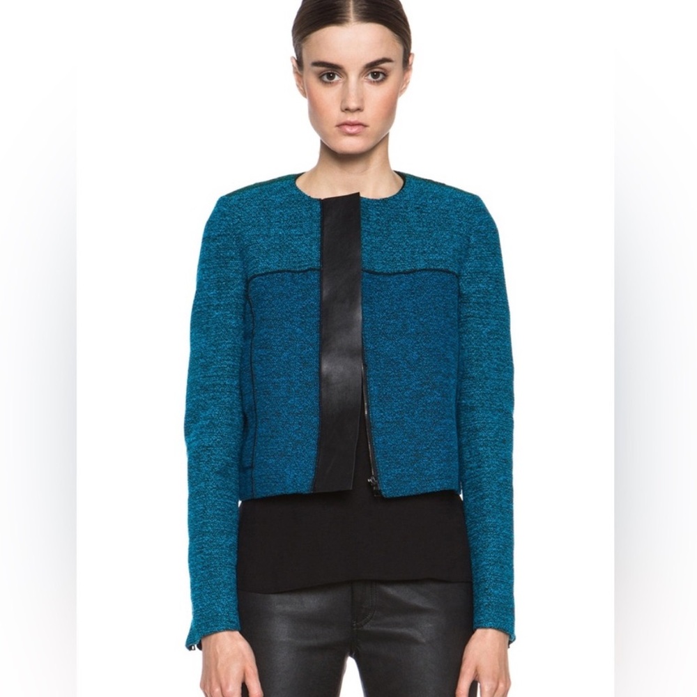 PROENZA SCHOULER
Tweed Jacket Size 8 Cropped Leather trim blue